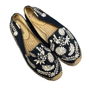 SOLUDOS Embroidered Ibiza Smoking Slipper Espadrilles Sandals Blue White Tan 7.5